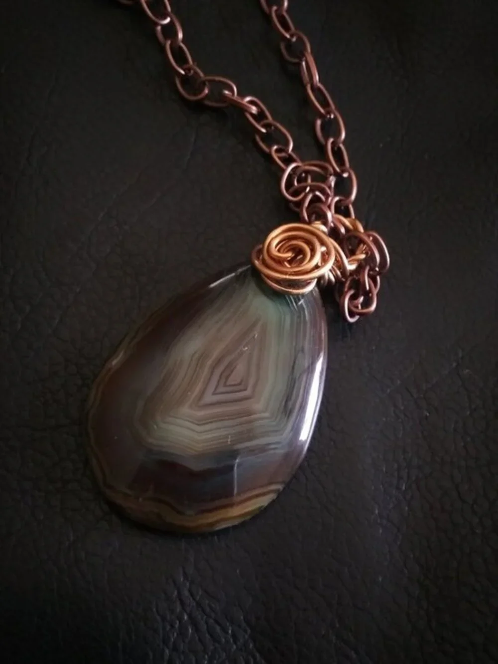 Earthy Muted Browns + Greens! Gorgeous Banded Agate Teardrop Pendant + Chain!
